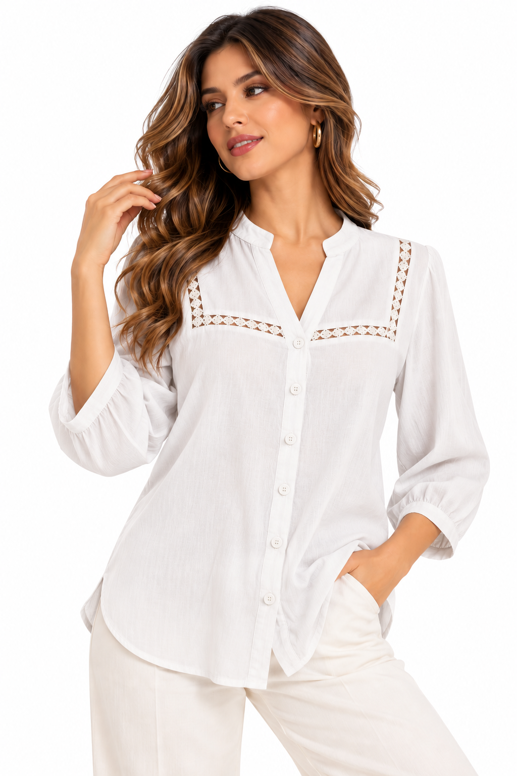 Blusa Camisera para Mujer de Aspecto Lino con Insertos de Encaje y Escote V - Imagen 9