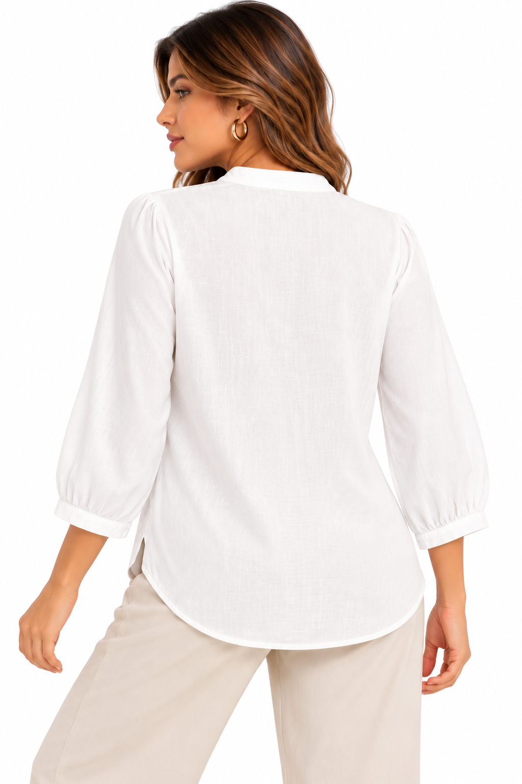 Blusa Camisera para Mujer de Aspecto Lino con Insertos de Encaje y Escote V - Imagen 11