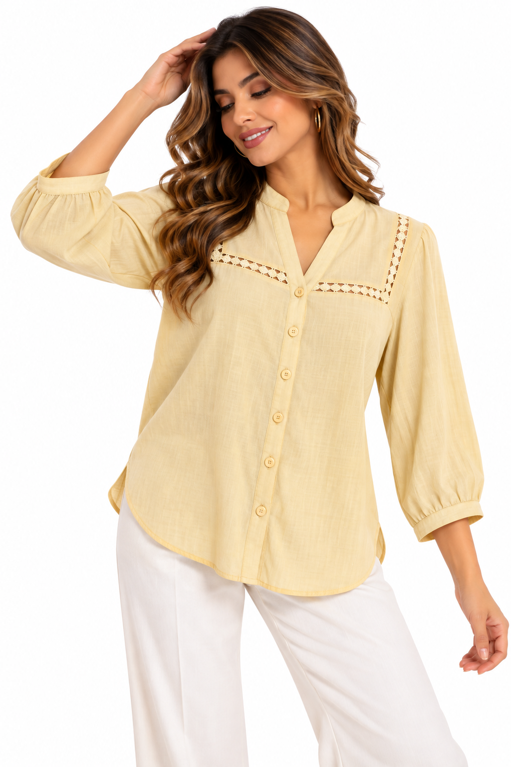 Blusa Camisera para Mujer de Aspecto Lino con Insertos de Encaje y Escote V - Imagen 13
