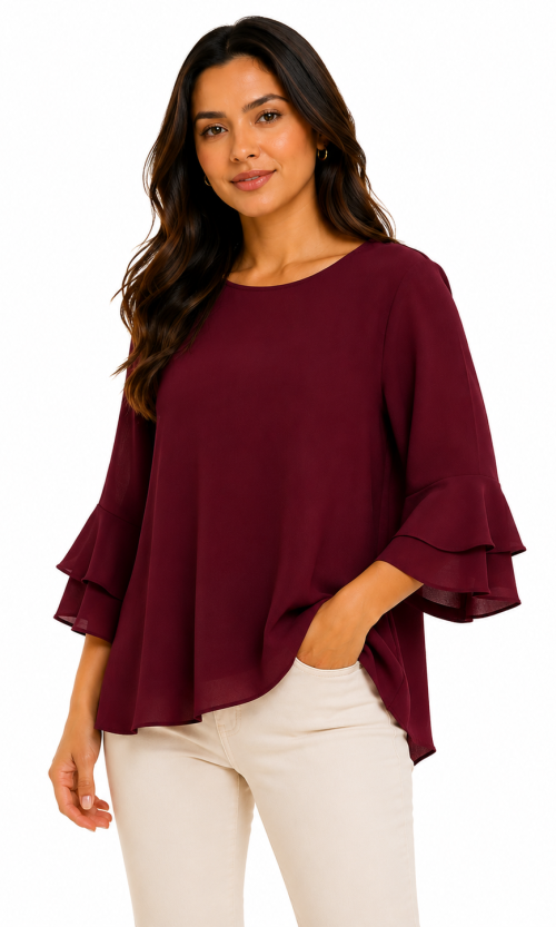 Blusa Elegante de Manga 3/4 con Doble Volante en Puños