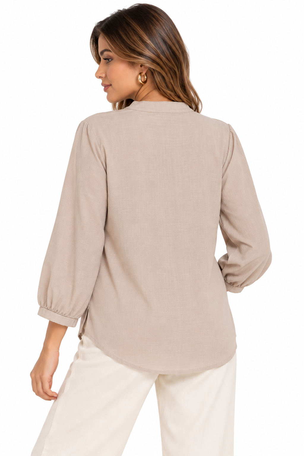 Blusa Camisera para Mujer de Aspecto Lino con Insertos de Encaje y Escote V - Imagen 8