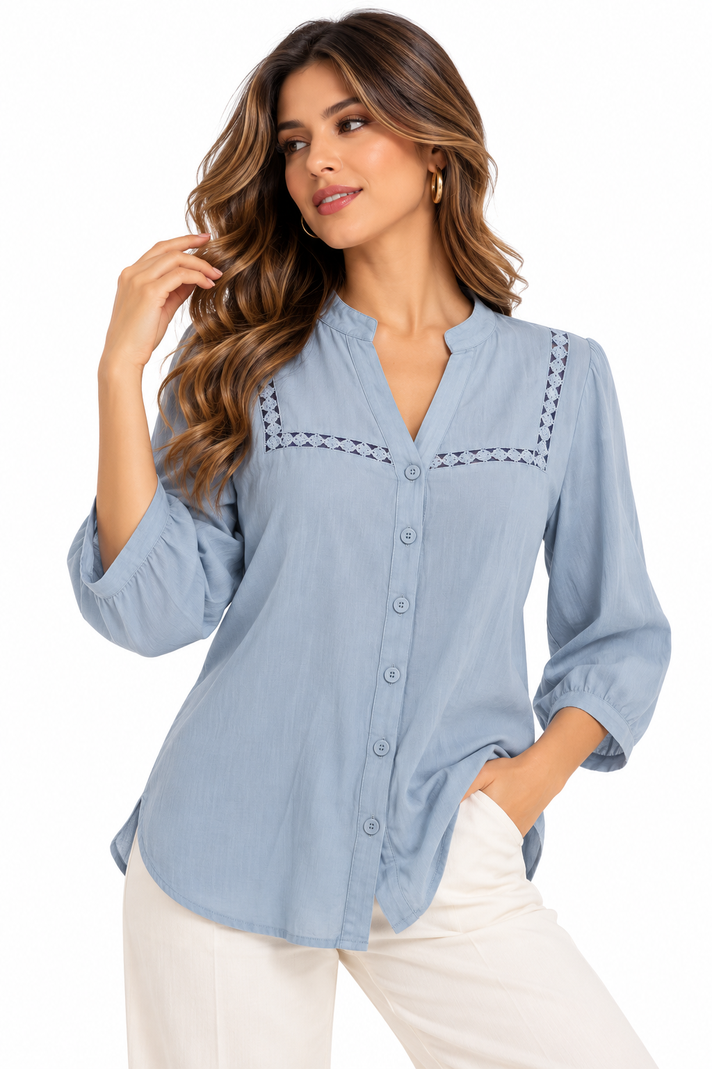 Blusa Camisera para Mujer de Aspecto Lino con Insertos de Encaje y Escote V - Imagen 3