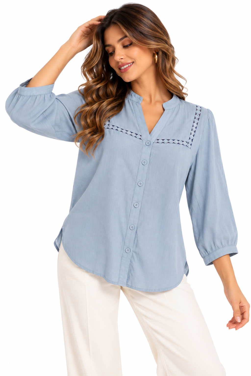 Blusa Camisera para Mujer de Aspecto Lino con Insertos de Encaje y Escote V - Imagen 4