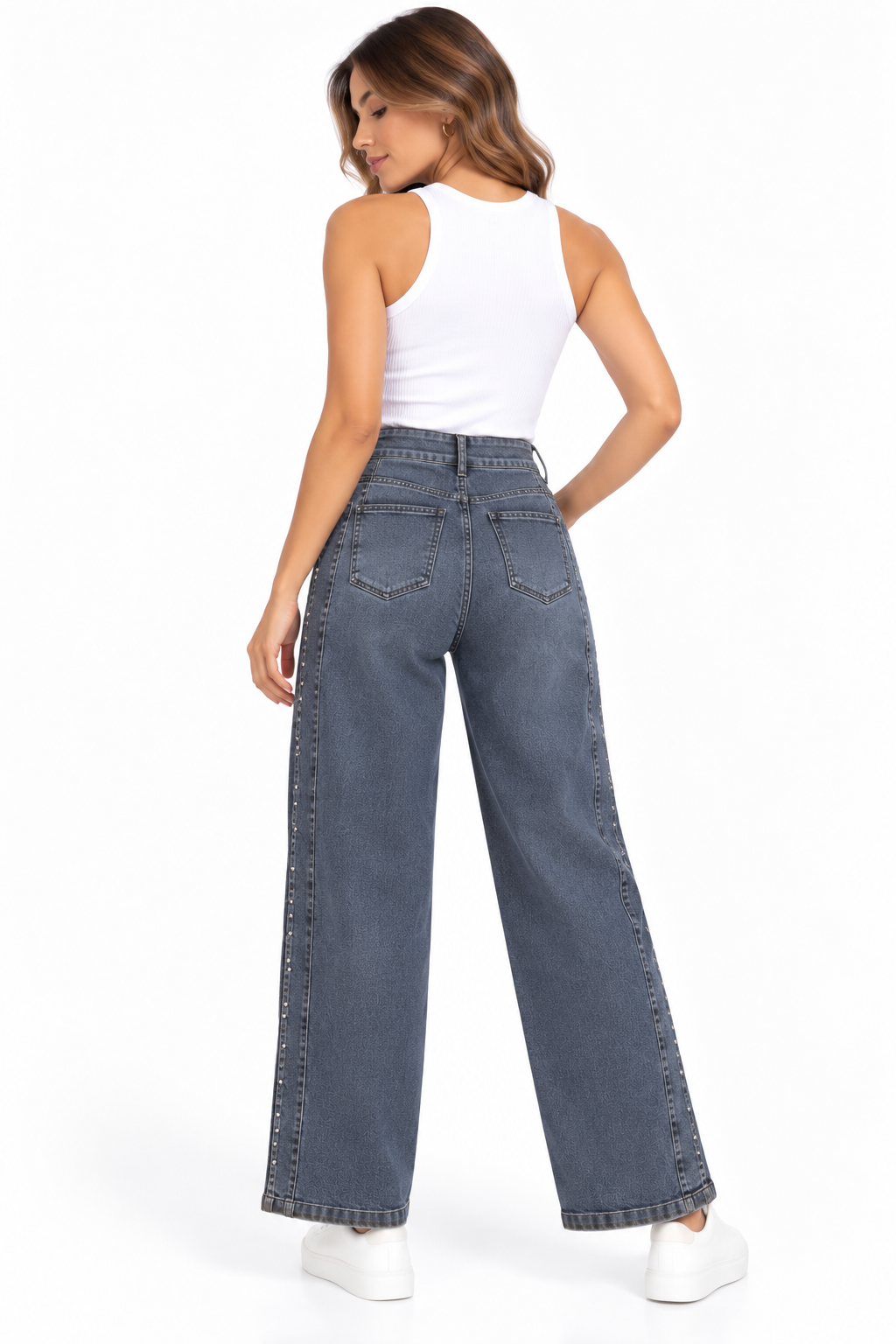 Jean Wide Leg de Tiro Alto con Costuras Frontales y Tachuelas Laterales - Imagen 3