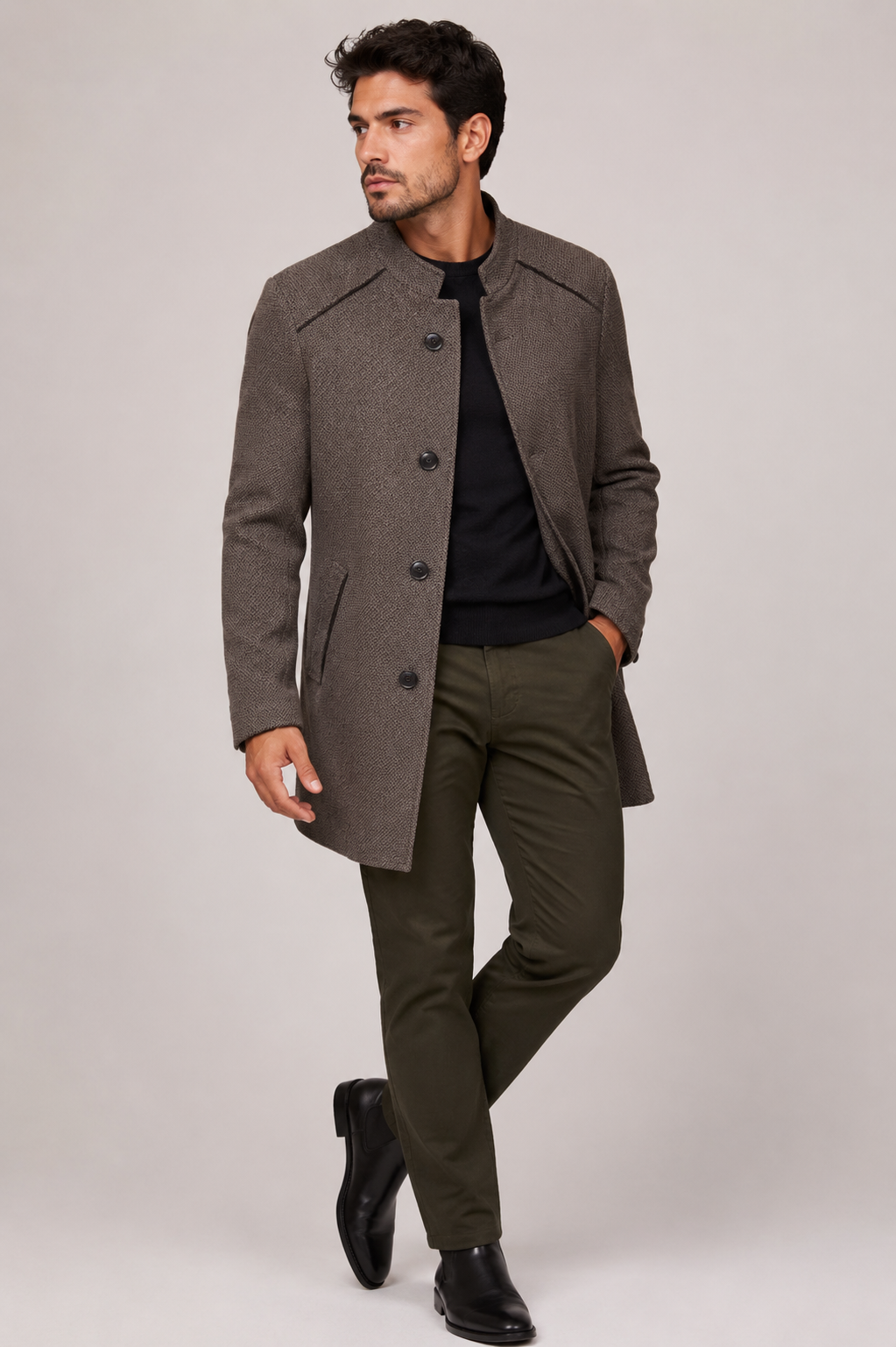 Abrigo Estilo Gabán para Hombre con Cuello Mao y Textura Paño Elegante - Imagen 3