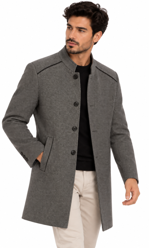 Abrigo Estilo Gabán para Hombre con Cuello Mao y Textura Paño Elegante