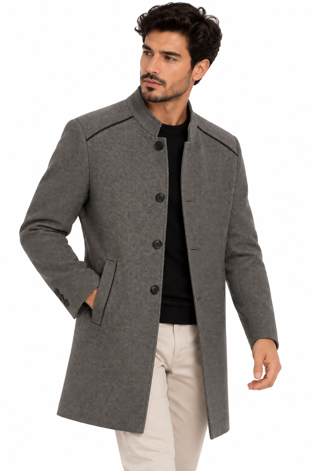 Abrigo Estilo Gabán para Hombre con Cuello Mao y Textura Paño Elegante