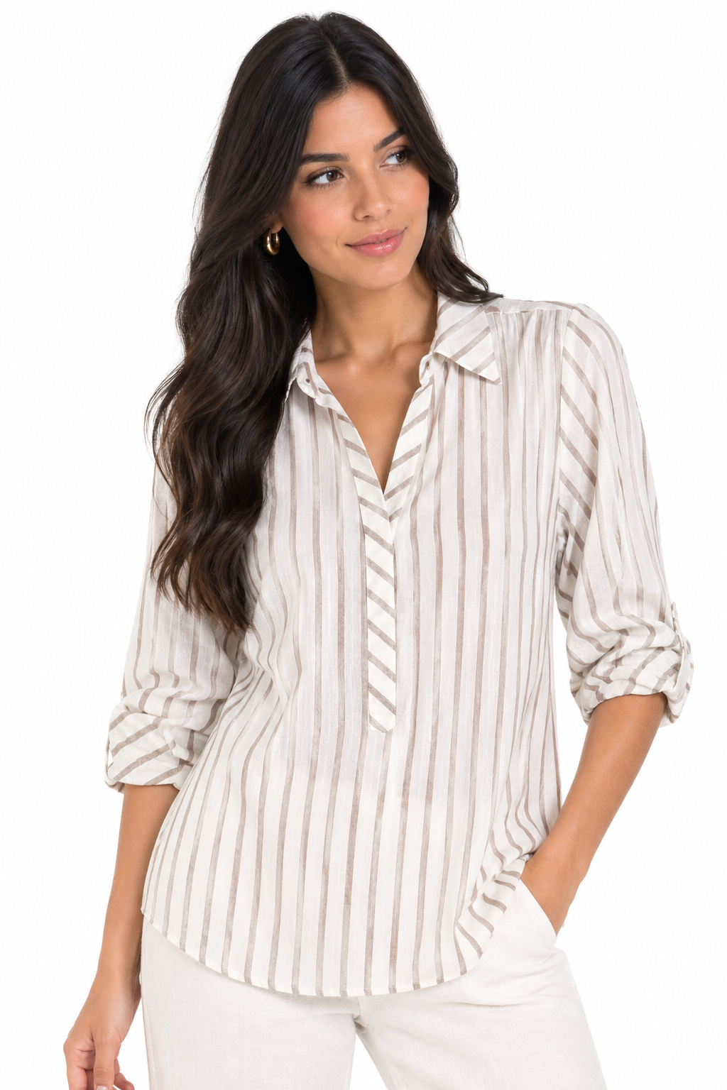 Camisa a Rayas Verticales para Mujer con Manga Ajustable - Imagen 4