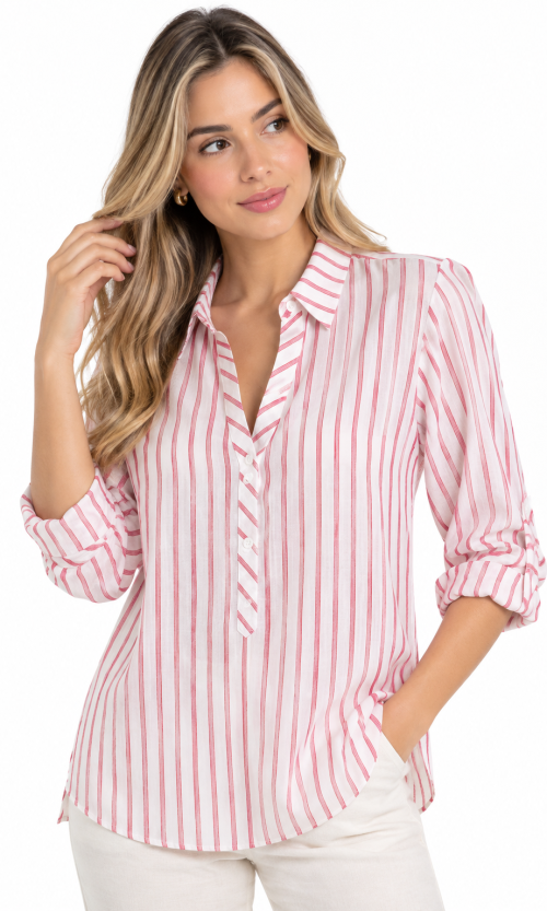 Camisa a Rayas Verticales para Mujer con Manga Ajustable
