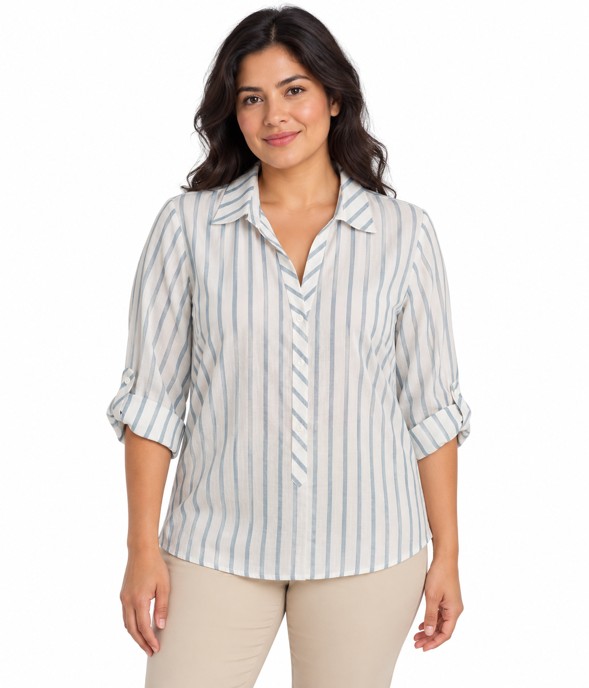 Camisa a Rayas Verticales para Mujer con Manga Ajustable - Imagen 8
