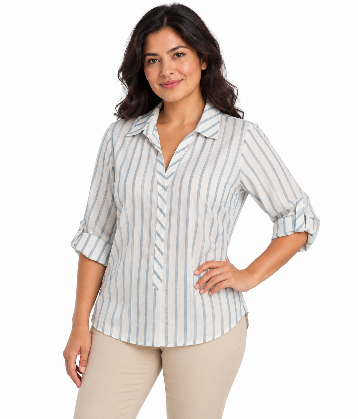 Camisa a Rayas Verticales para Mujer con Manga Ajustable - Imagen 7