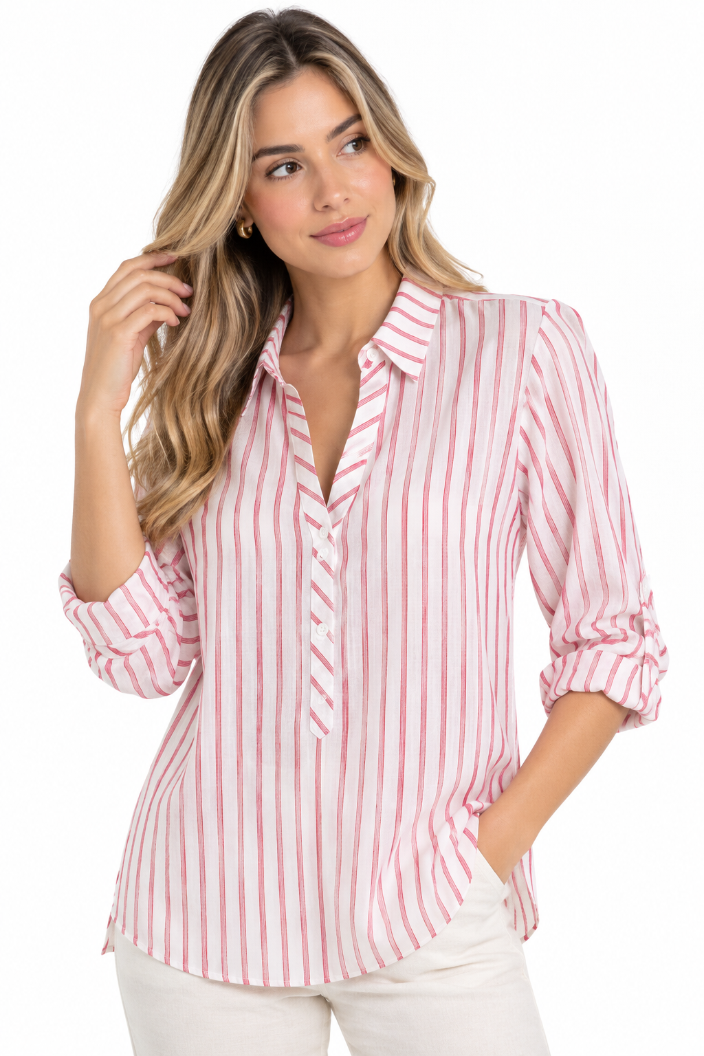 Camisa a Rayas Verticales para Mujer con Manga Ajustable