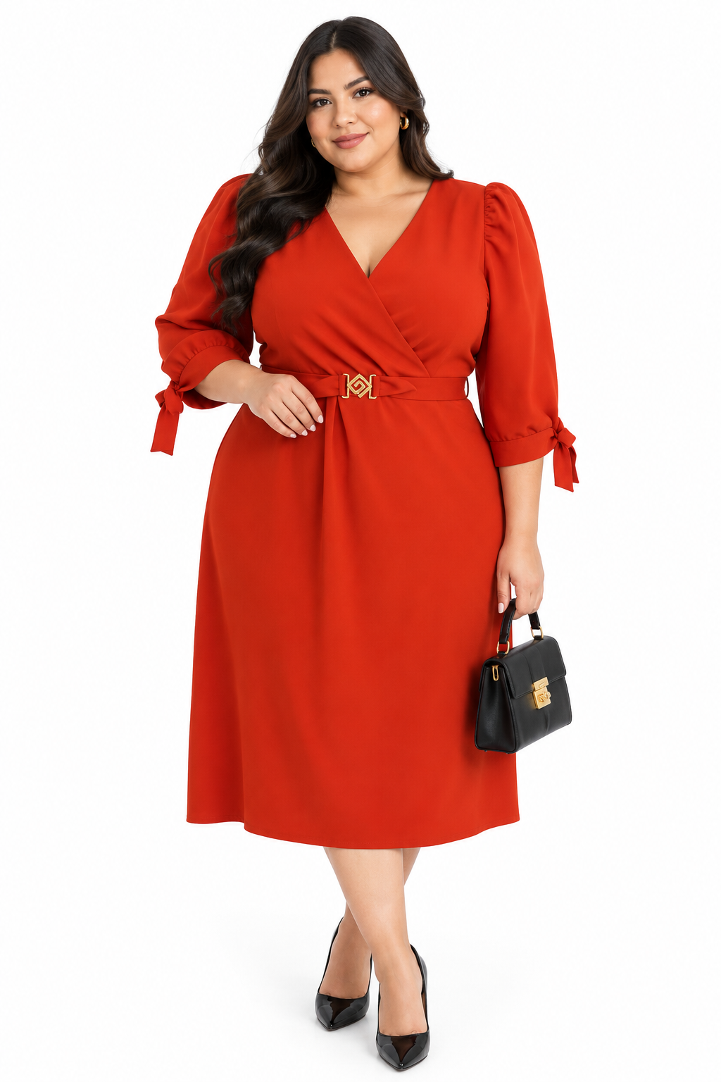 Vestido Plus Size Cruzado de Cóctel con Hebilla Dorada y Mangas 3/4 - Imagen 4