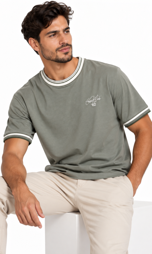 Camiseta Casual para Hombre de Cuello Redondo y Bordado Retro