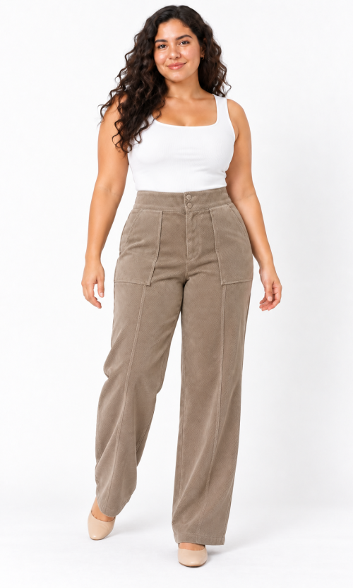 Pantalón Casual Plus Size Tiro Alto con Doble Botón y Bota Recta