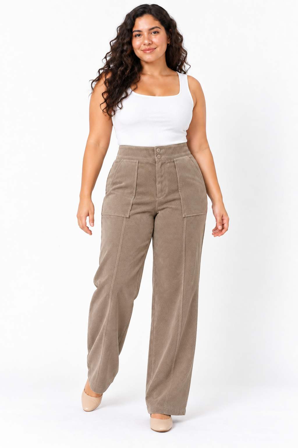 Pantalón Casual Plus Size Tiro Alto con Doble Botón y Bota Recta