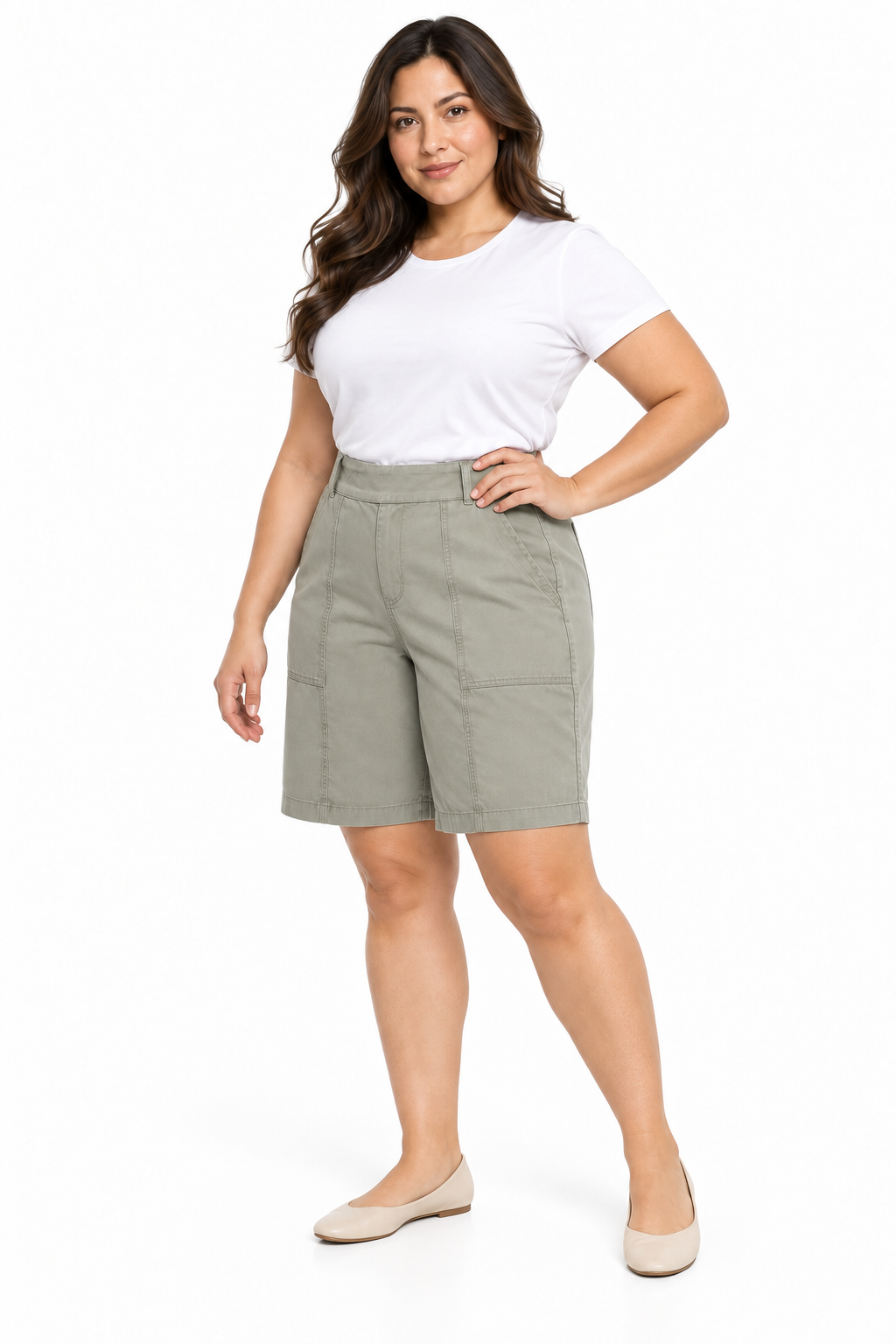 Bermuda Plus Size con Pretina Ancha y Bolsillos de Parche