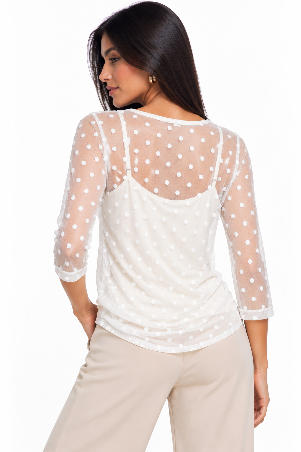 Camiseta Semitransparente Manga 3/4 en Tul con Lunar Flocado - Imagen 3