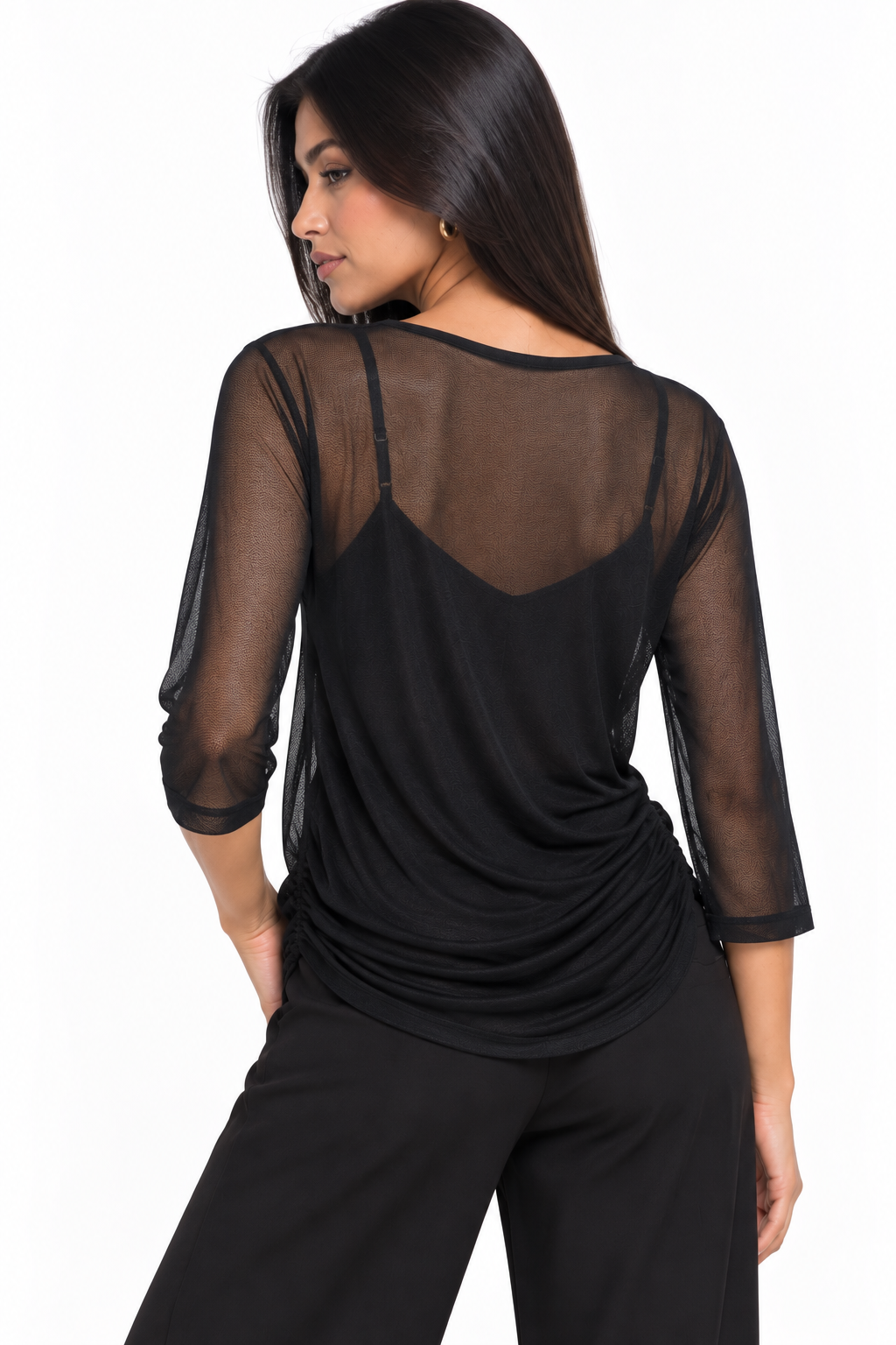 Camiseta Semitransparente Manga 3/4 en Tul con Lunar Flocado - Imagen 6
