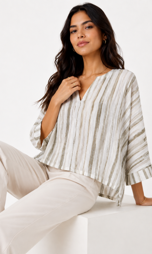 Blusa Oversize a Rayas con Mangas 3/4 y Escote en V