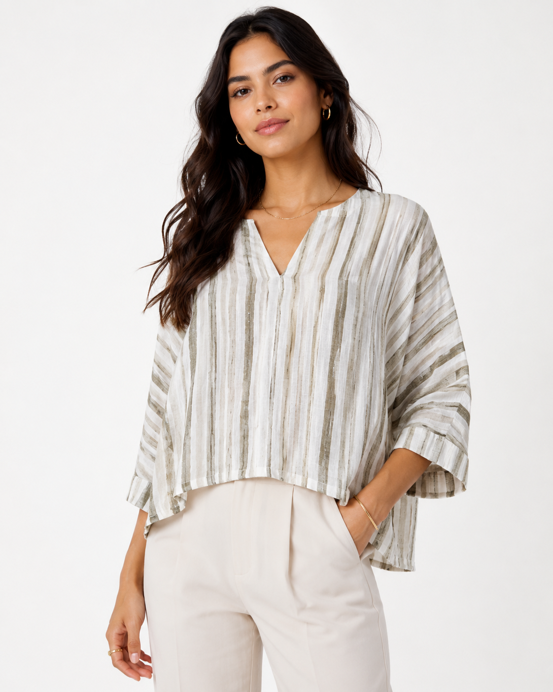 Blusa Oversize a Rayas con Mangas 3/4 y Escote en V - Imagen 2