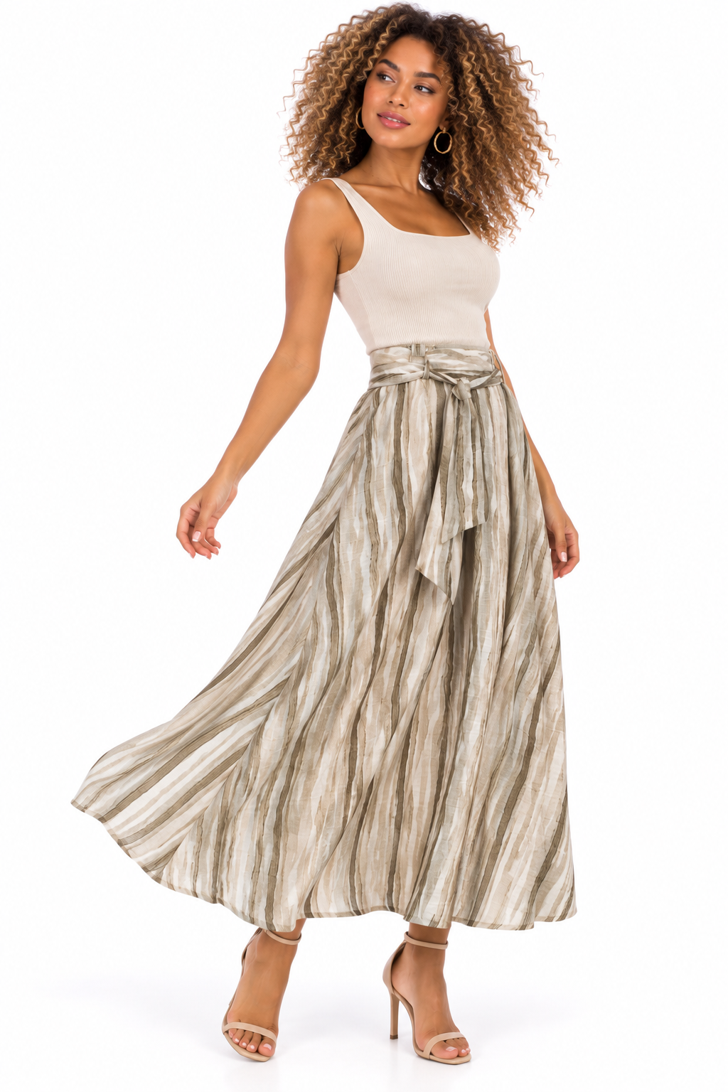 Falda Larga Maxi para Mujer a Rayas Verticales con Tiro Alto y Cinturón Anudable - Imagen 2