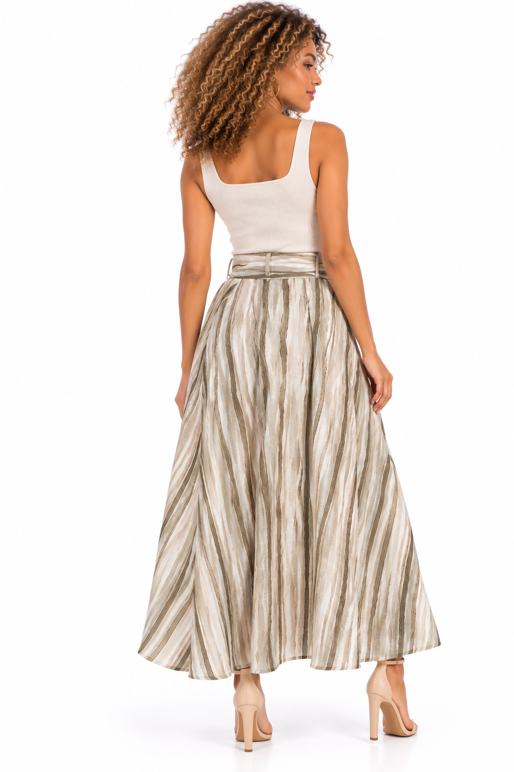 Falda Larga Maxi para Mujer a Rayas Verticales con Tiro Alto y Cinturón Anudable - Imagen 3