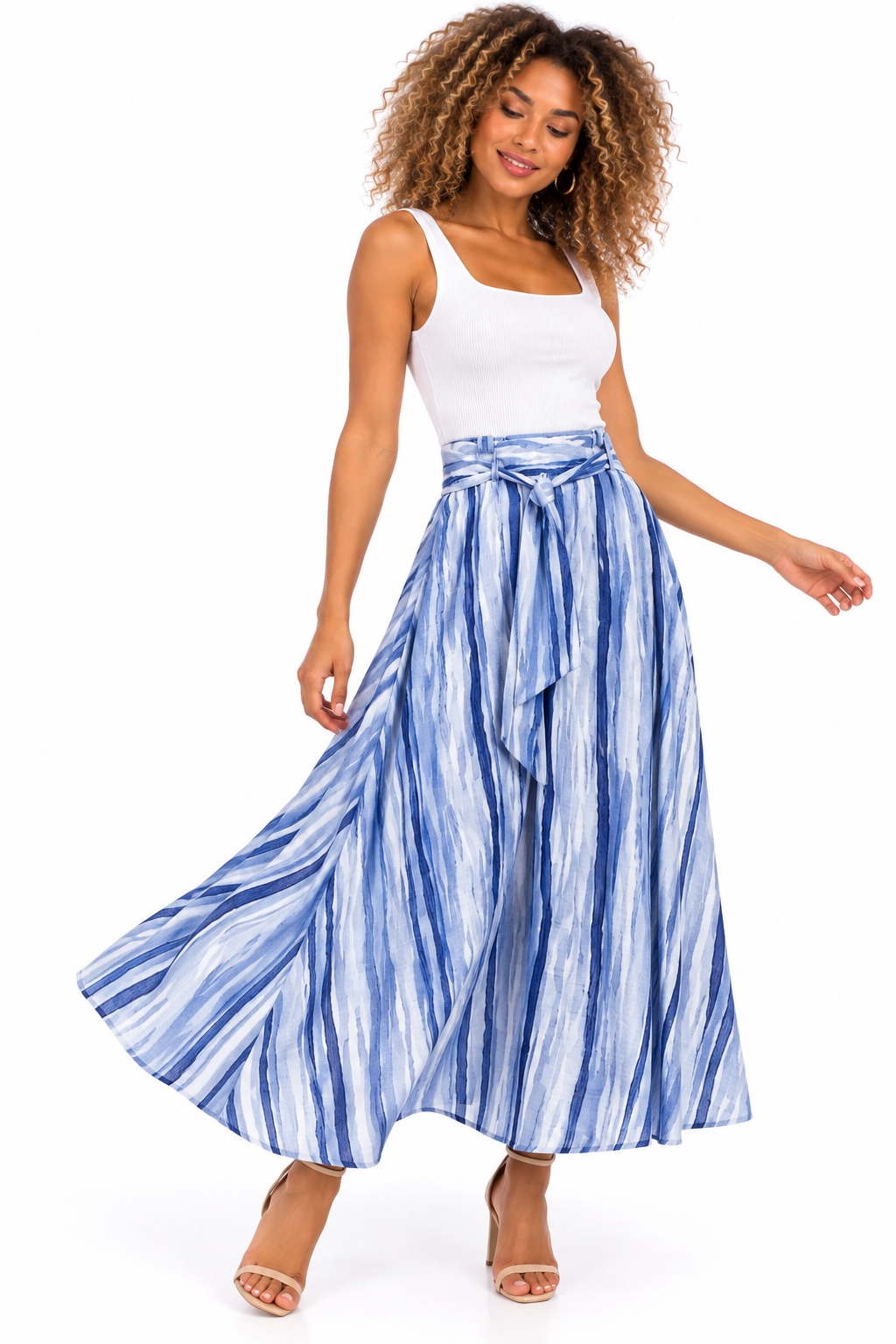 Falda Larga Maxi para Mujer a Rayas Verticales con Tiro Alto y Cinturón Anudable - Imagen 4