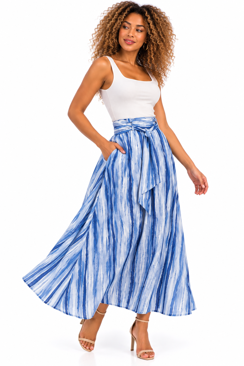 Falda Larga Maxi para Mujer a Rayas Verticales con Tiro Alto y Cinturón Anudable - Imagen 5
