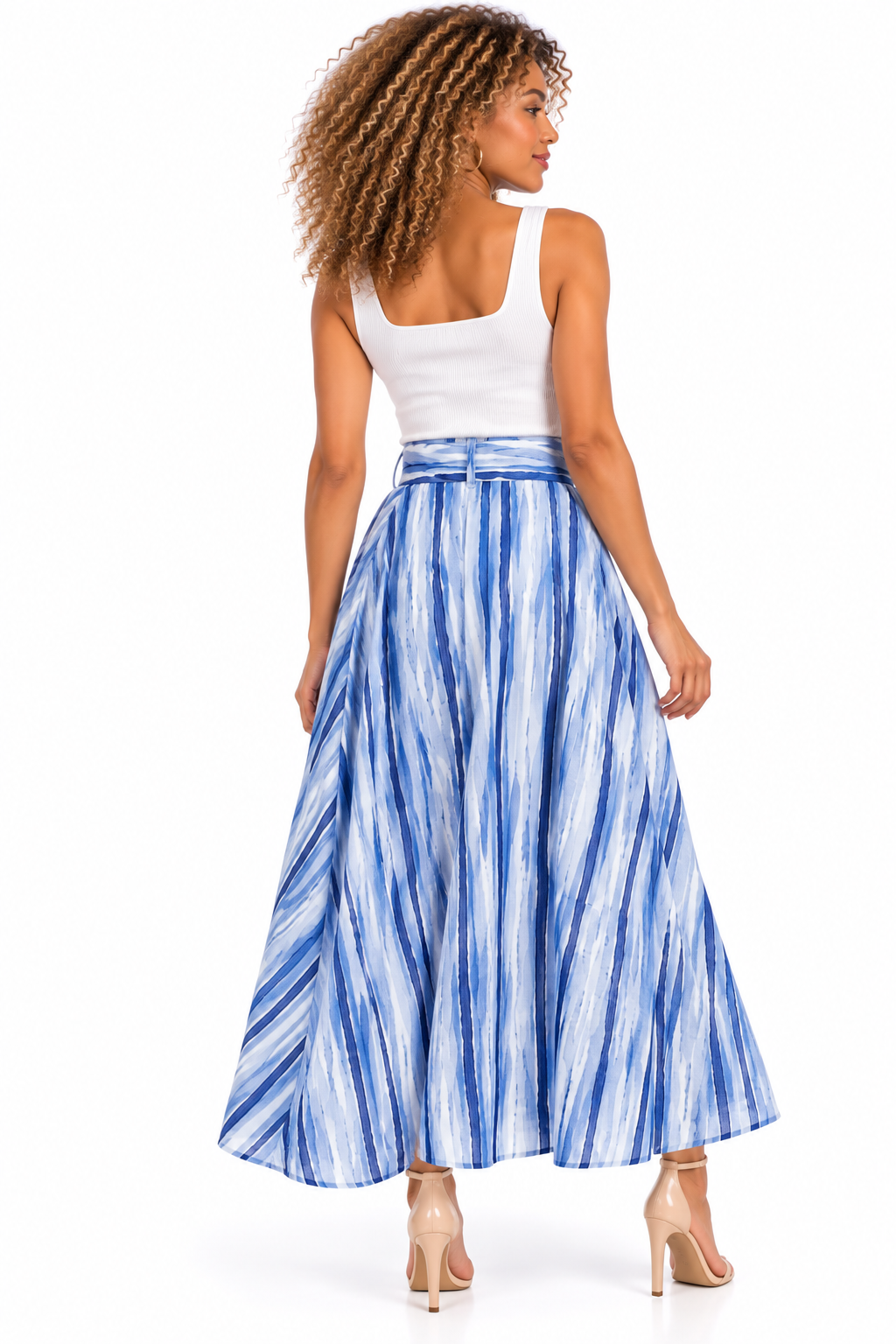Falda Larga Maxi para Mujer a Rayas Verticales con Tiro Alto y Cinturón Anudable - Imagen 6