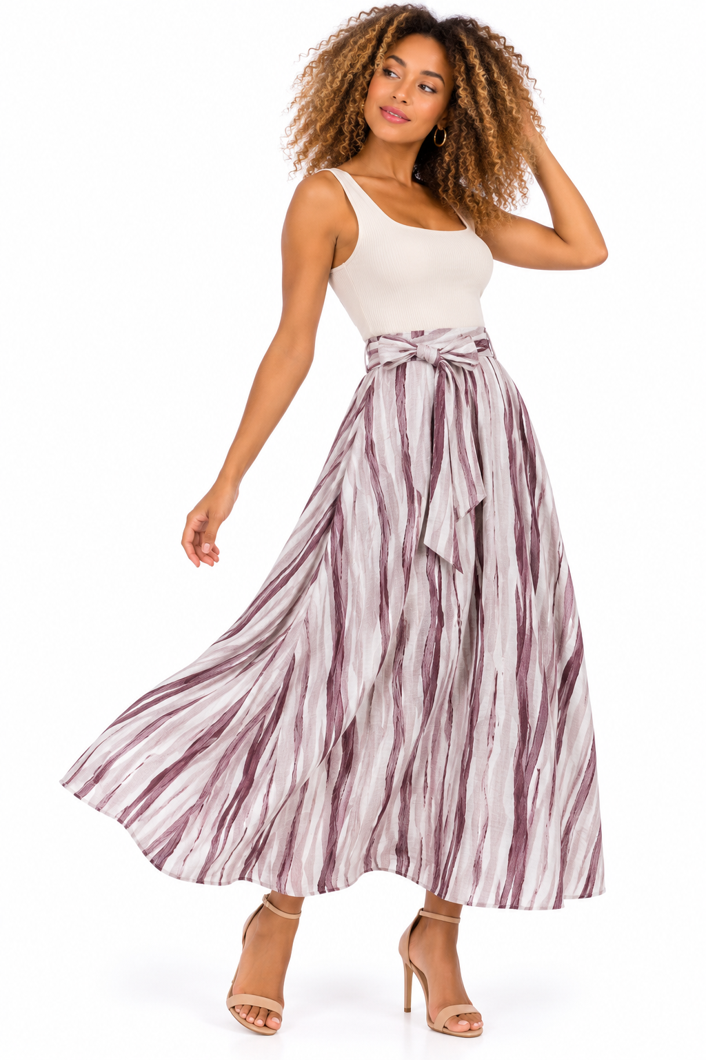 Falda Larga Maxi para Mujer a Rayas Verticales con Tiro Alto y Cinturón Anudable - Imagen 7