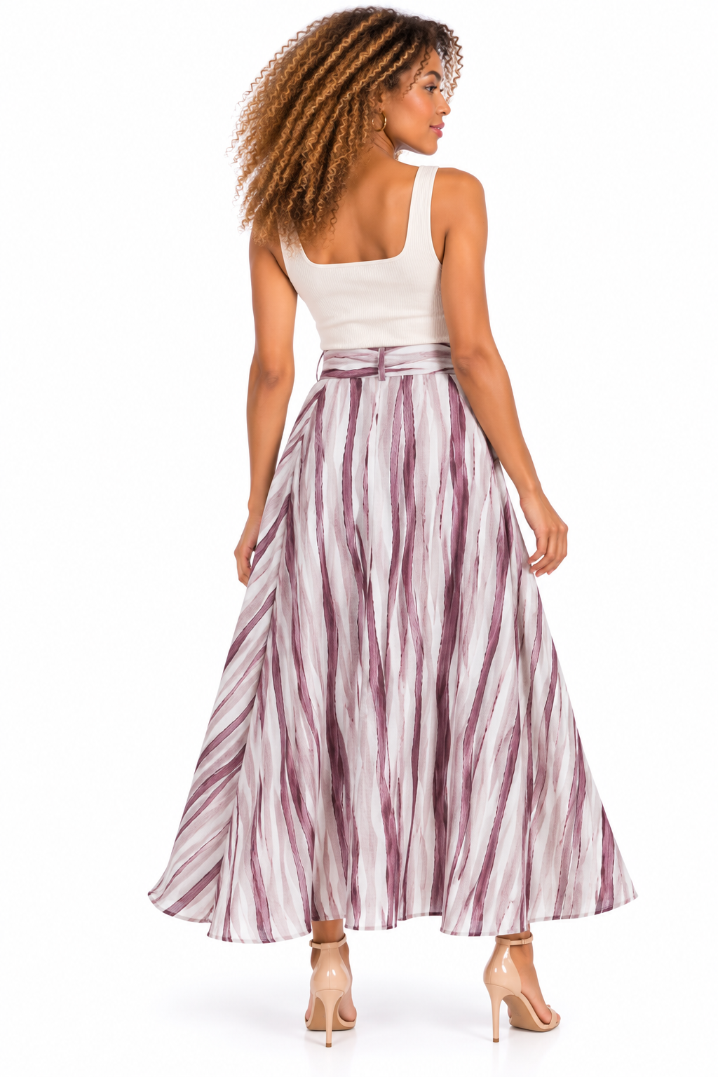 Falda Larga Maxi para Mujer a Rayas Verticales con Tiro Alto y Cinturón Anudable - Imagen 9