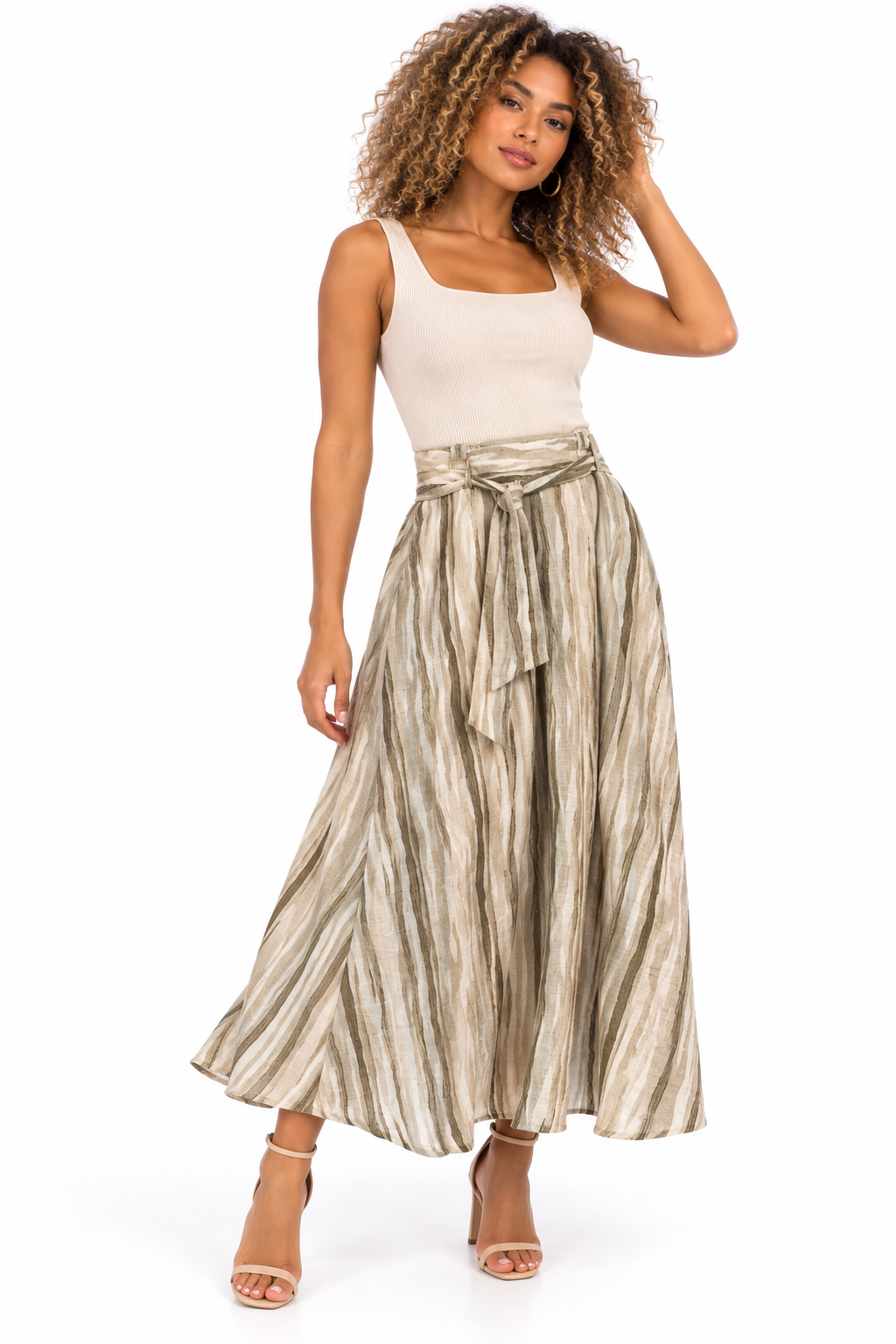 Falda Larga Maxi para Mujer a Rayas Verticales con Tiro Alto y Cinturón Anudable