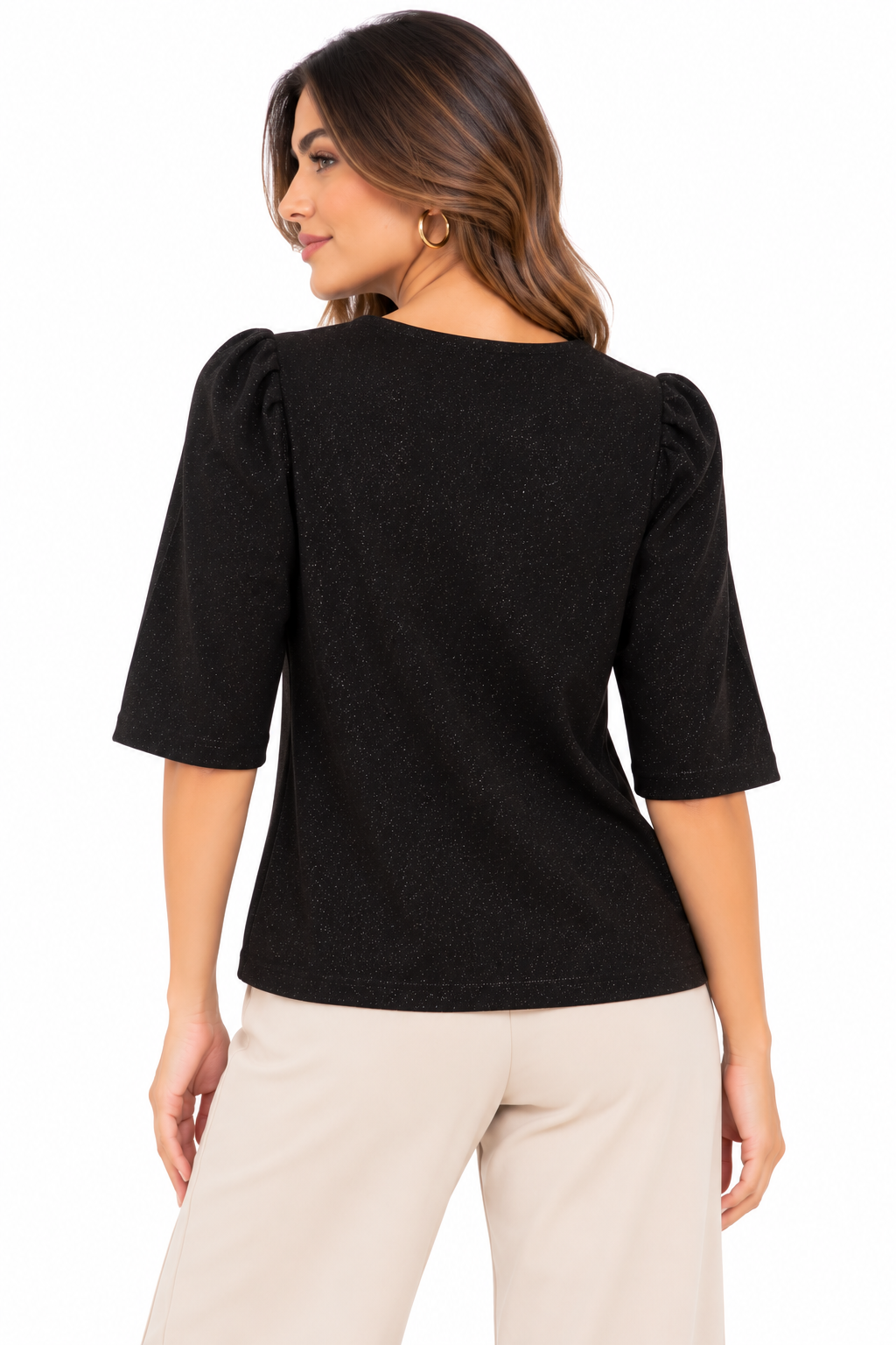 Camiseta Negra de Punto con Brillos y Mangas Abullonadas - Imagen 3