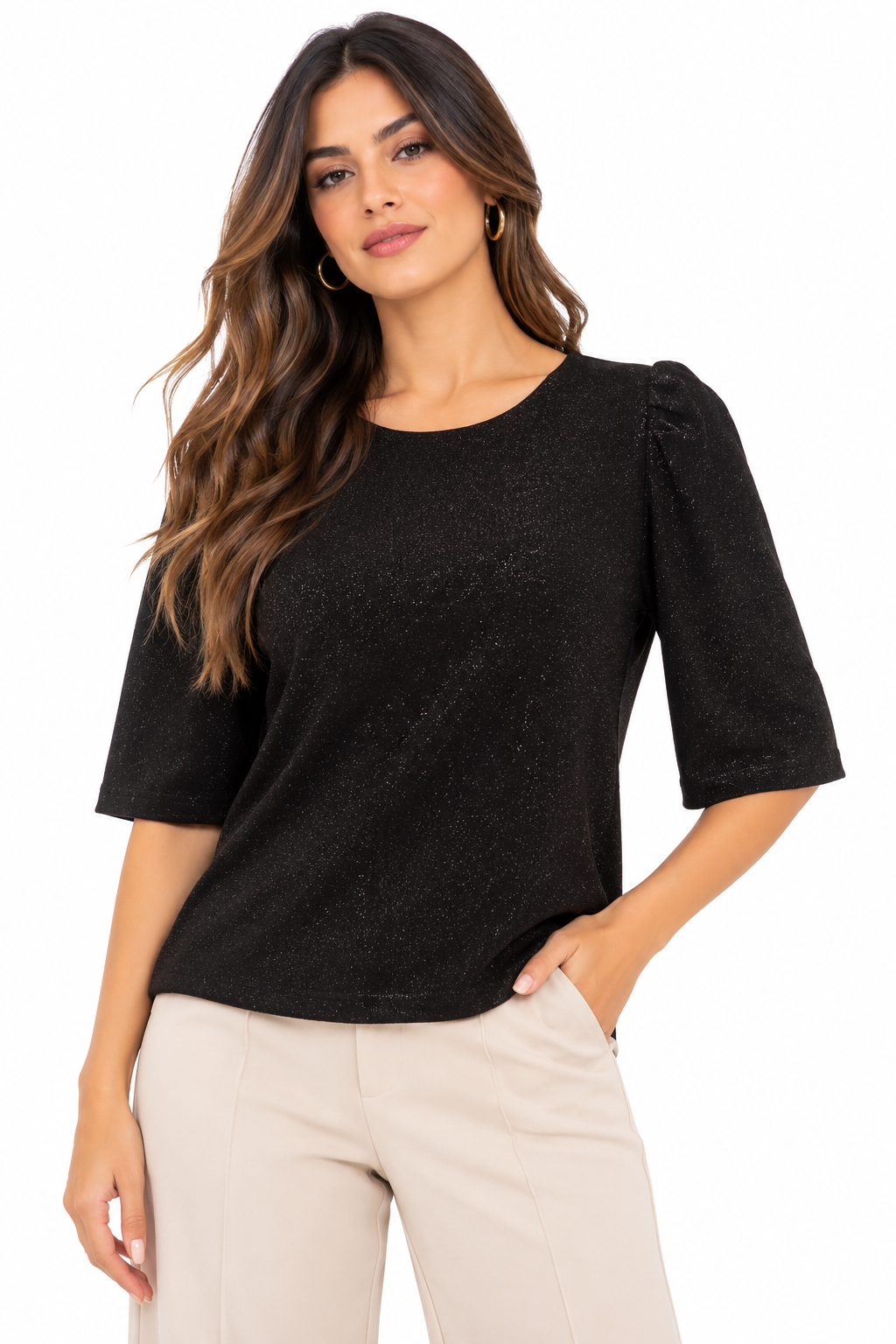 Camiseta Negra de Punto con Brillos y Mangas Abullonadas - Imagen 2