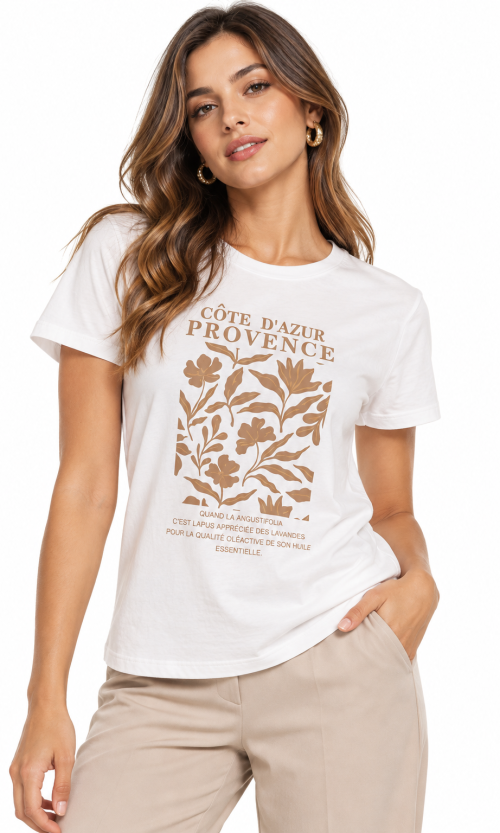 Camiseta para Mujer con Estampado Botánico y Cuello Redondo