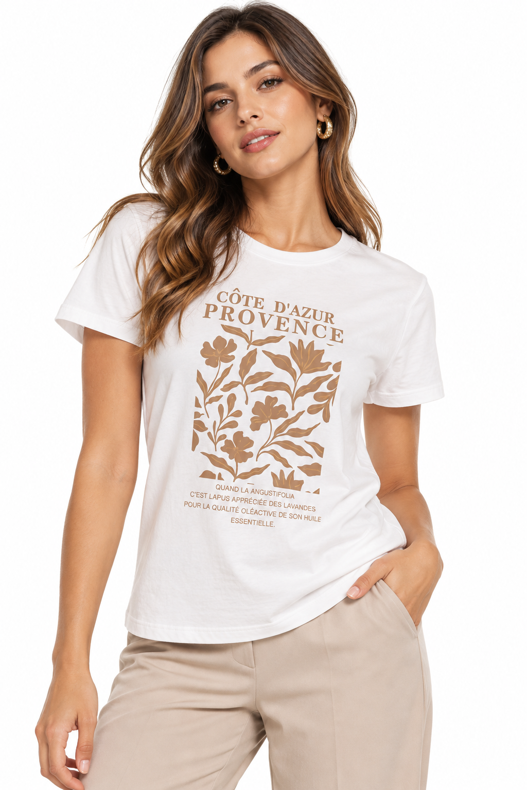 Camiseta para Mujer con Estampado Botánico y Cuello Redondo