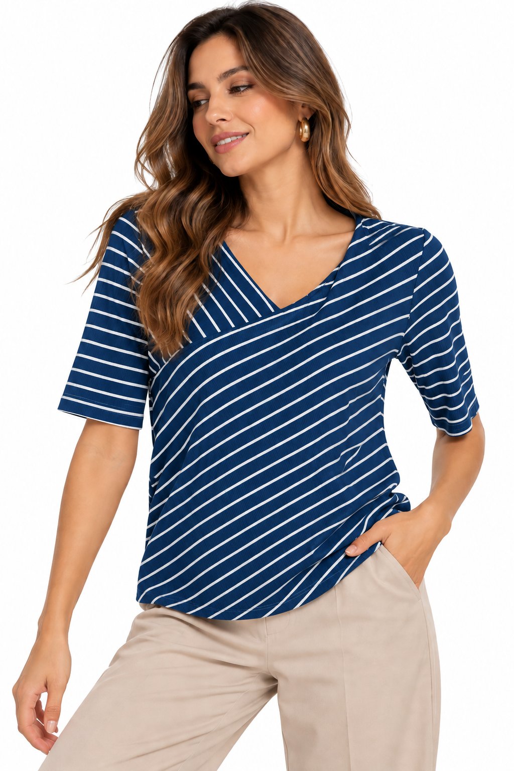 Camiseta para Mujer a Rayas con Escote en V Traslapado - Imagen 5
