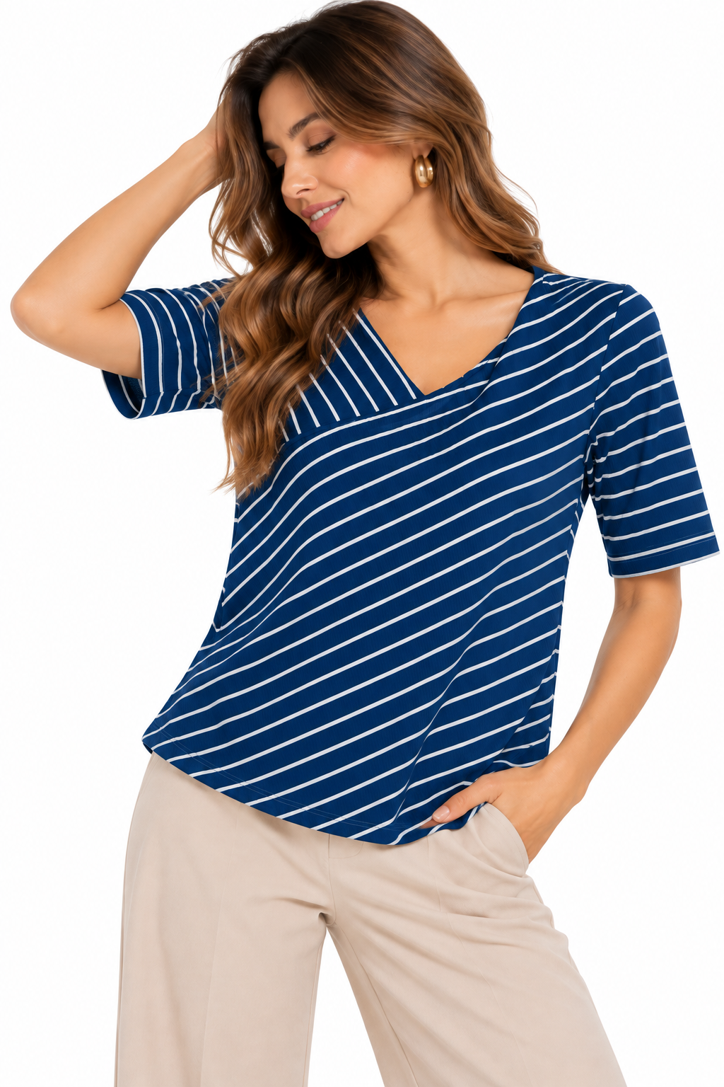 Camiseta para Mujer a Rayas con Escote en V Traslapado - Imagen 4