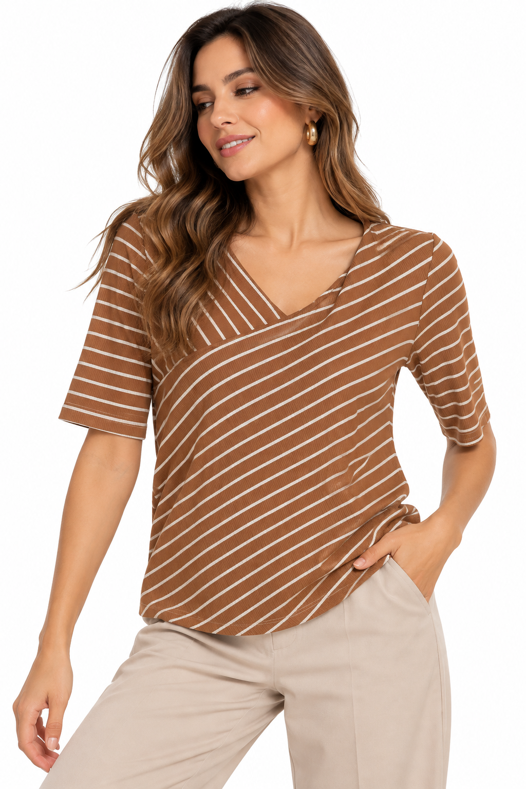 Camiseta para Mujer a Rayas con Escote en V Traslapado - Imagen 2