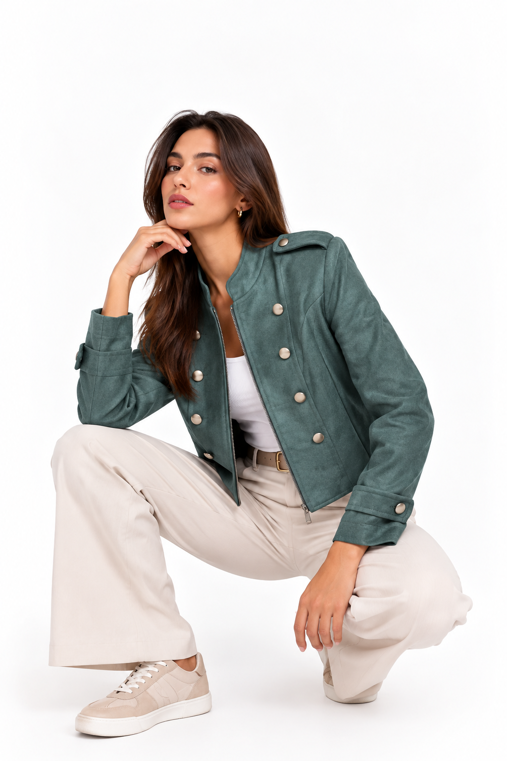 Chaqueta Corta de Gamuza con Botones Estilo Militar y Cierre de Cremallera - Imagen 5