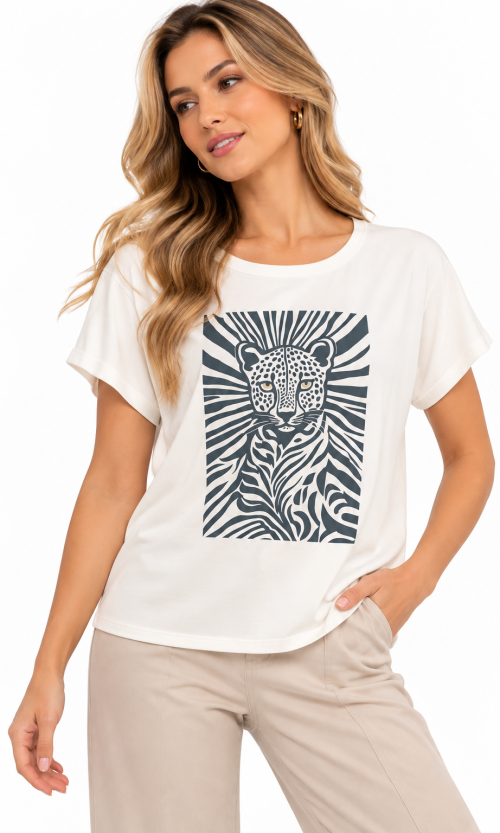 Camiseta para Mujer con Estampado Ilustrado de Felino