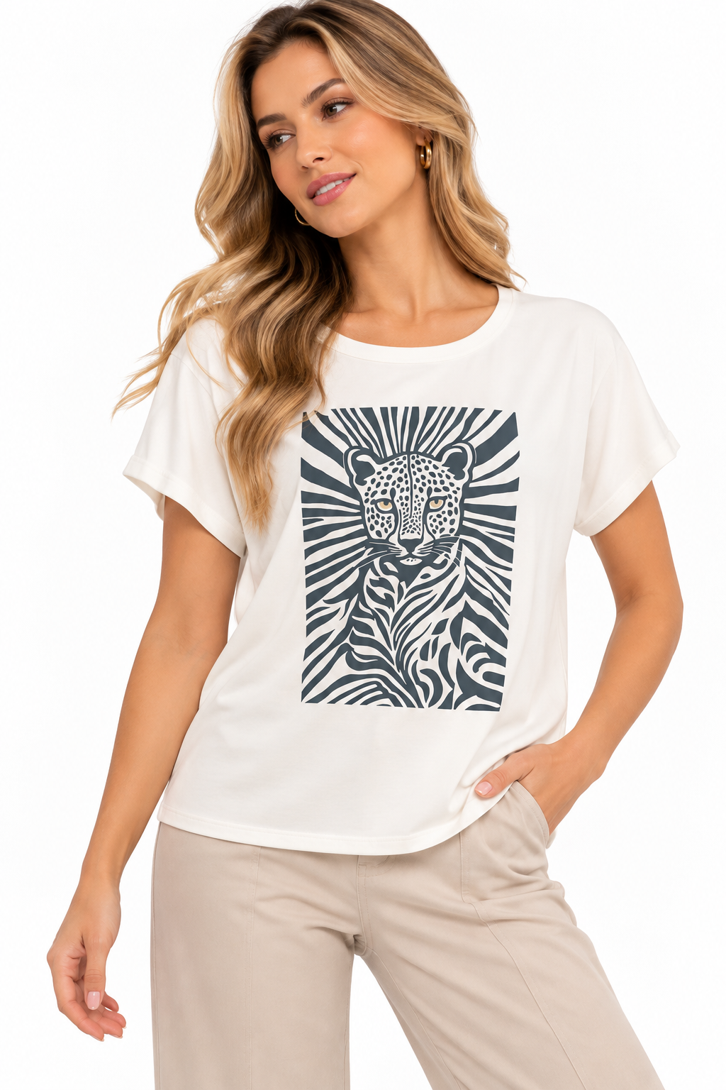 Camiseta para Mujer con Estampado Ilustrado de Felino