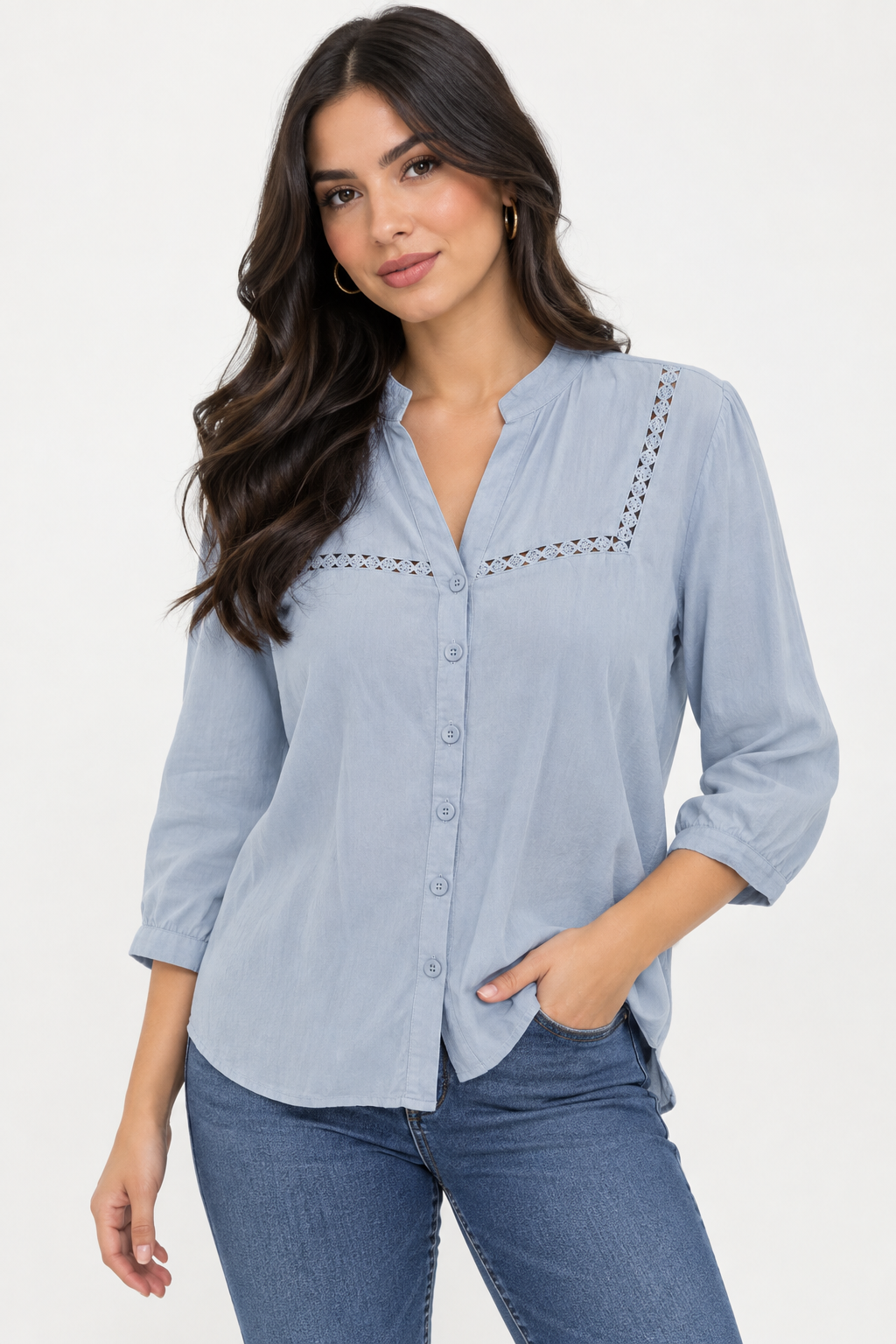 Blusa Camisera para Mujer de Aspecto Lino con Insertos de Encaje y Escote V - Imagen 2