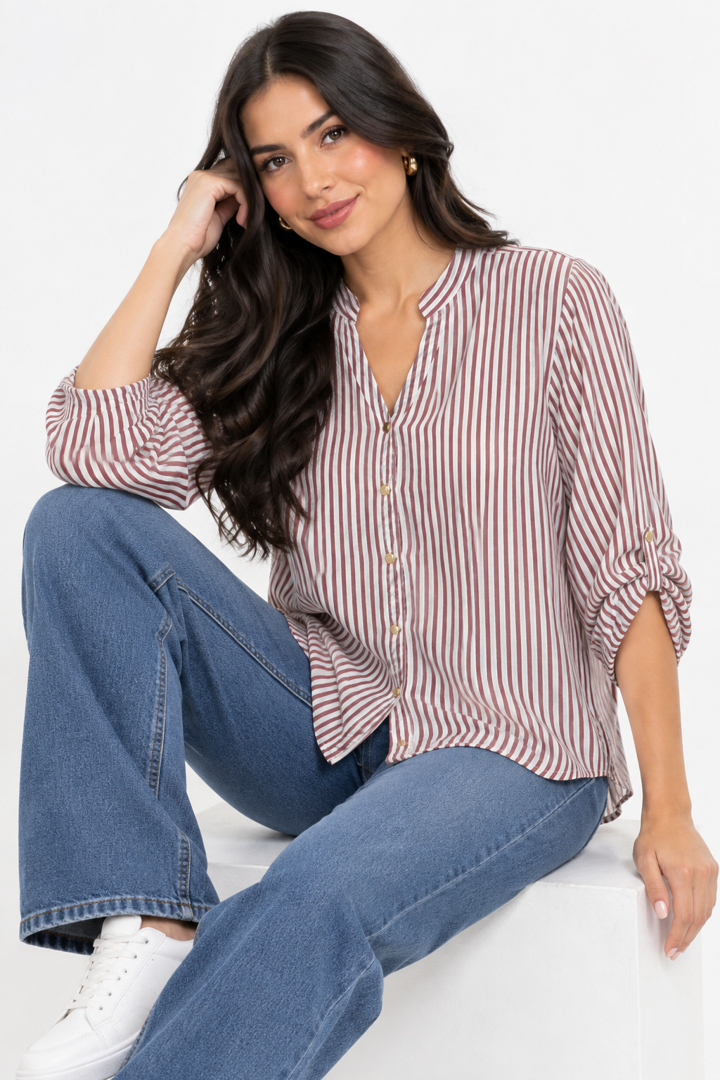 Blusa Estilizada a Rayas Verticales para Mujer con Cuello Mao y Manga Ajustable - Imagen 2