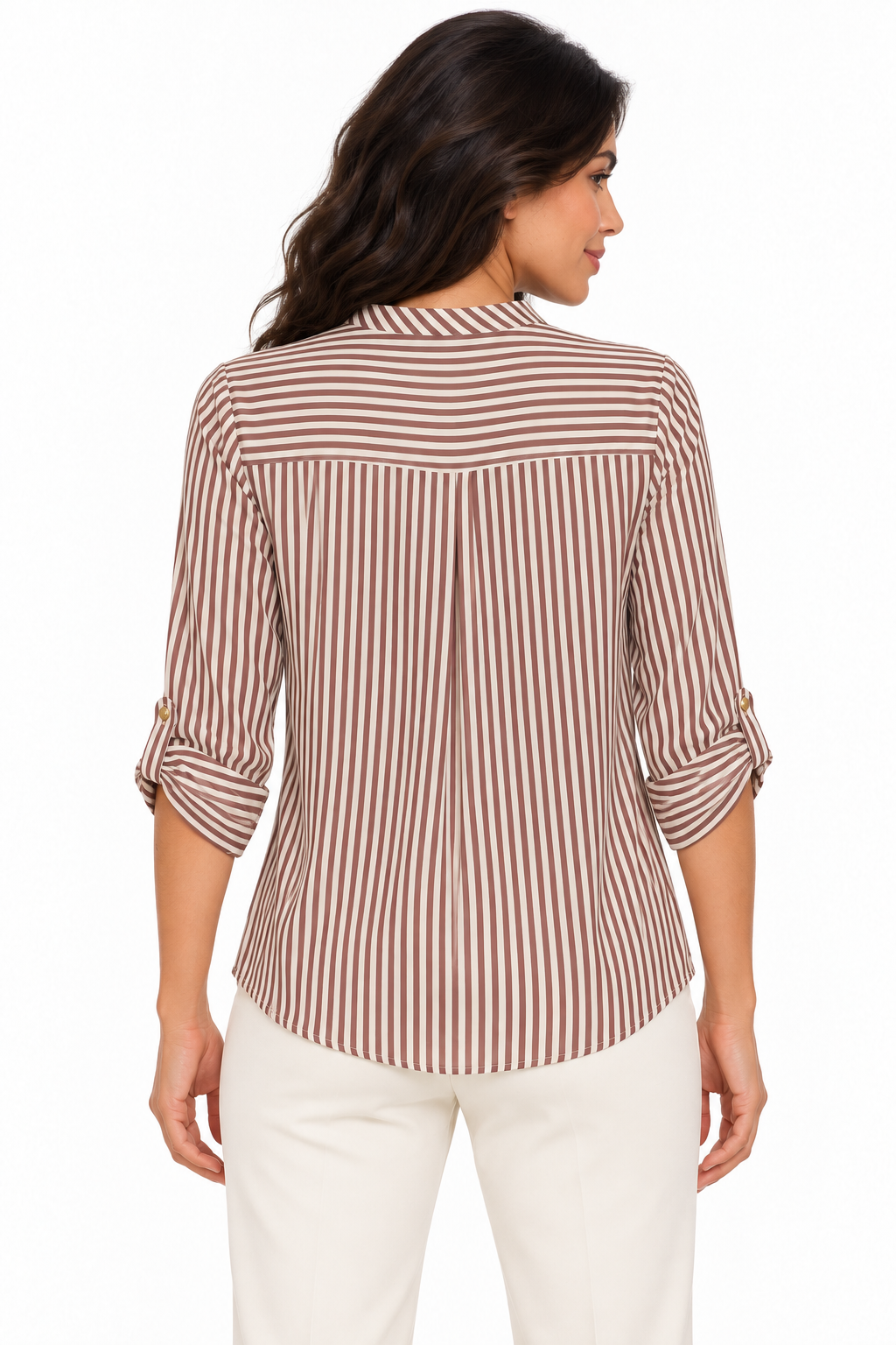 Blusa Estilizada a Rayas Verticales para Mujer con Cuello Mao y Manga Ajustable - Imagen 3