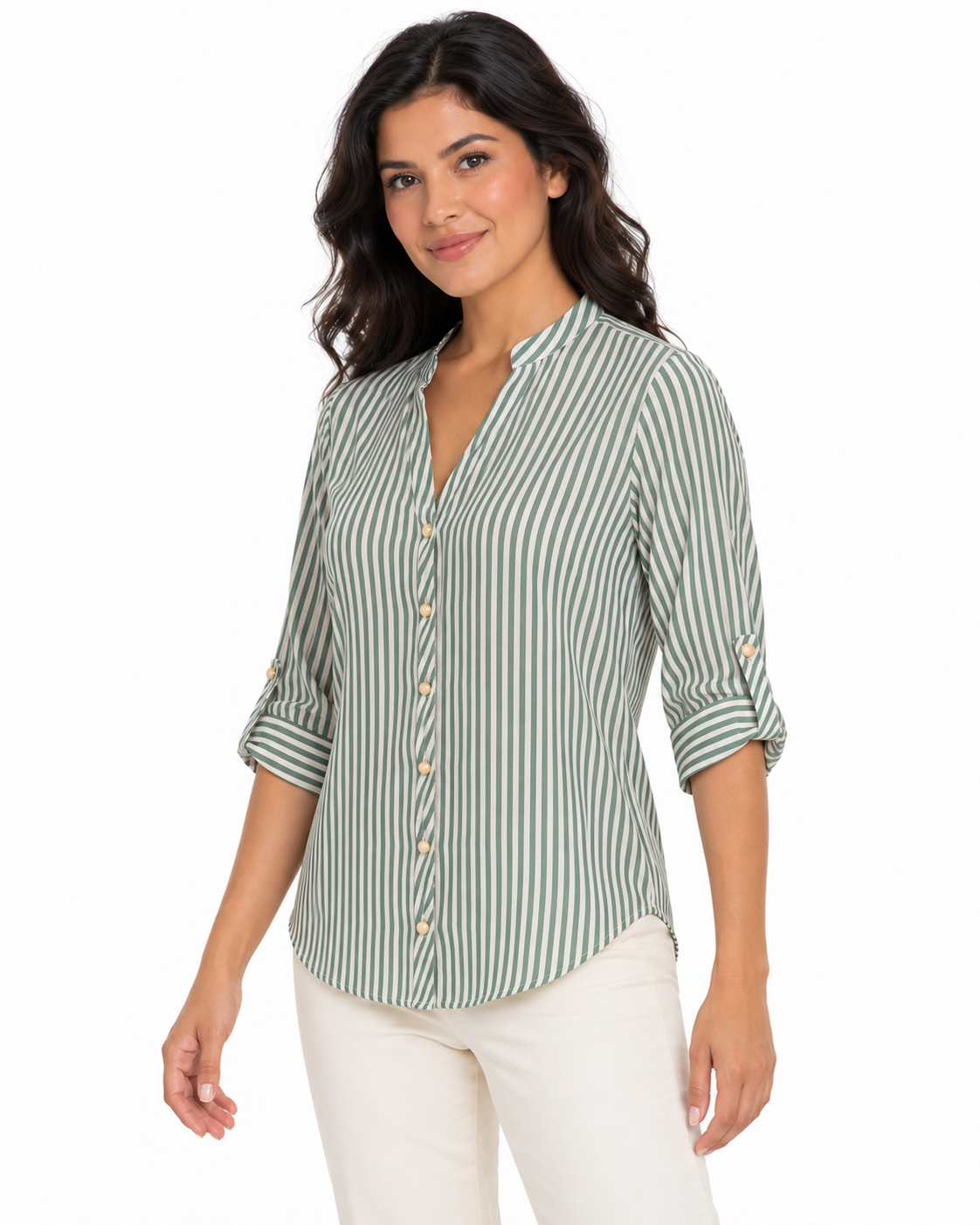 Blusa Estilizada a Rayas Verticales para Mujer con Cuello Mao y Manga Ajustable - Imagen 4