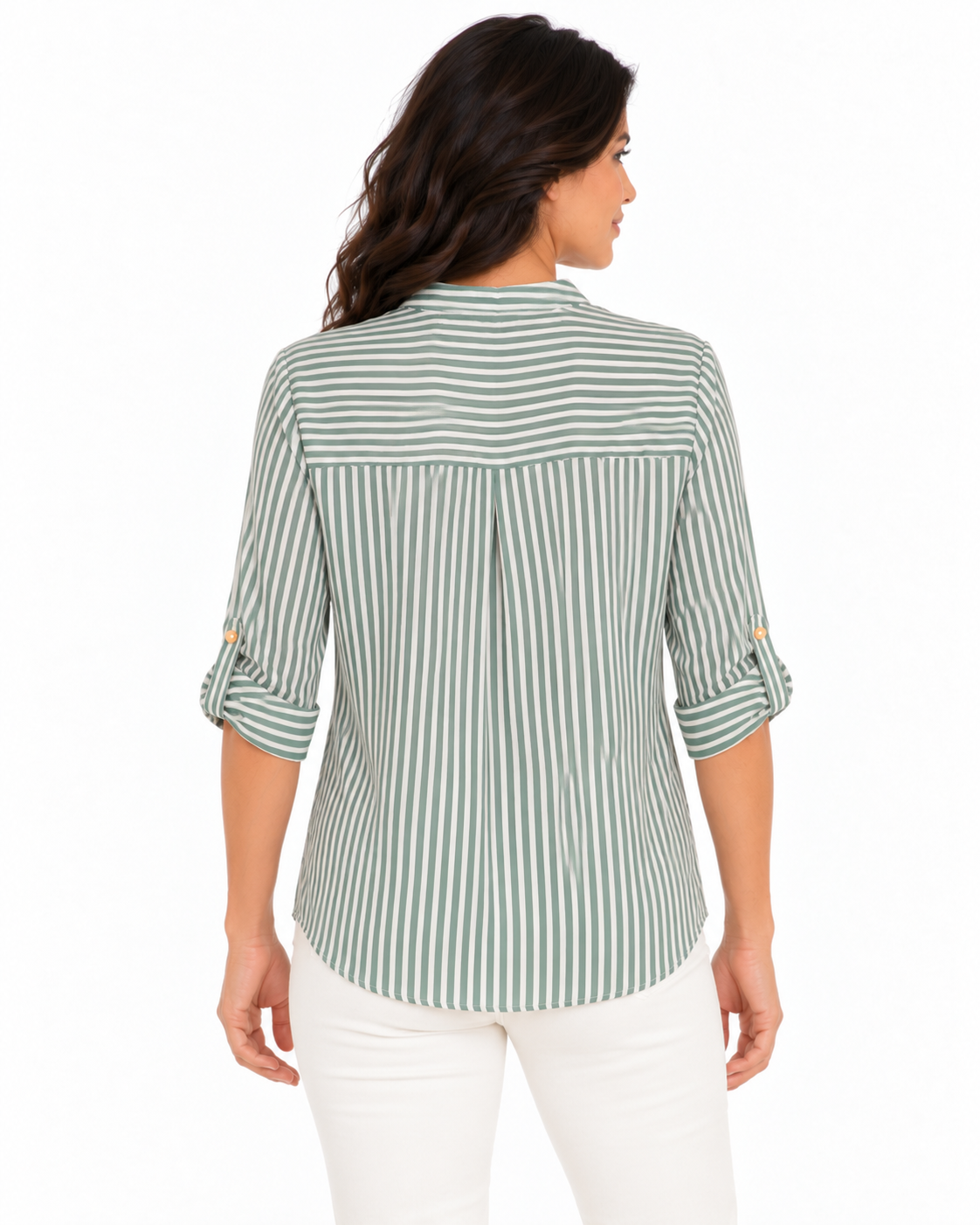 Blusa Estilizada a Rayas Verticales para Mujer con Cuello Mao y Manga Ajustable - Imagen 6