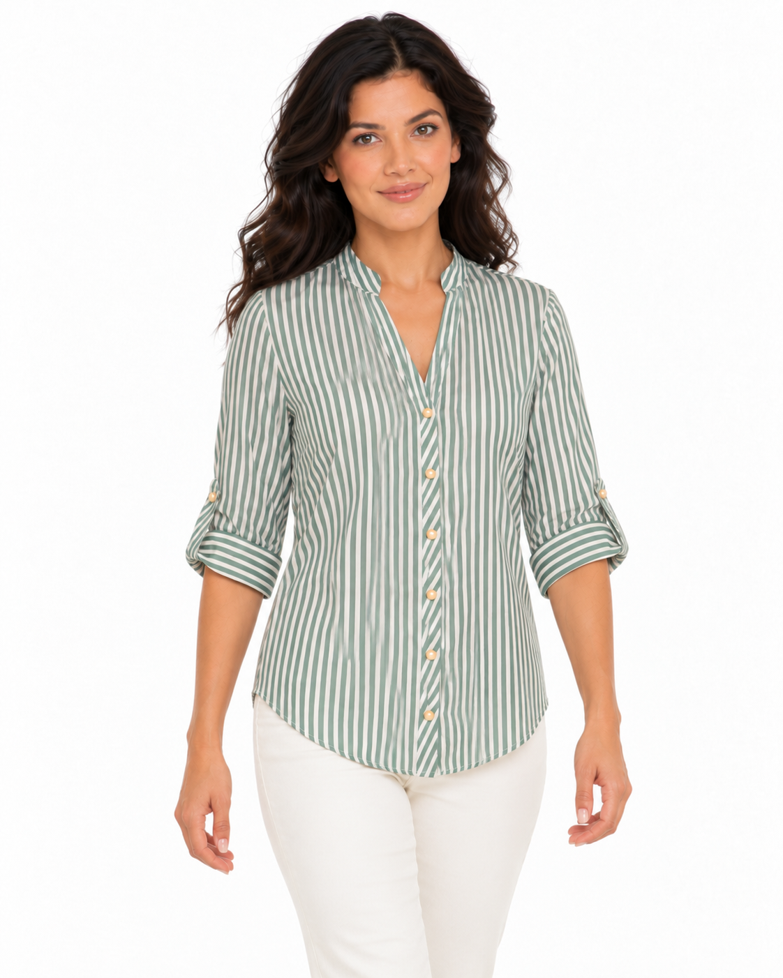 Blusa Estilizada a Rayas Verticales para Mujer con Cuello Mao y Manga Ajustable - Imagen 5