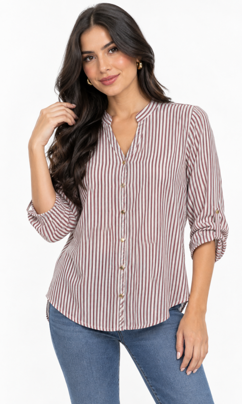 Blusa Estilizada a Rayas Verticales para Mujer con Cuello Mao y Manga Ajustable
